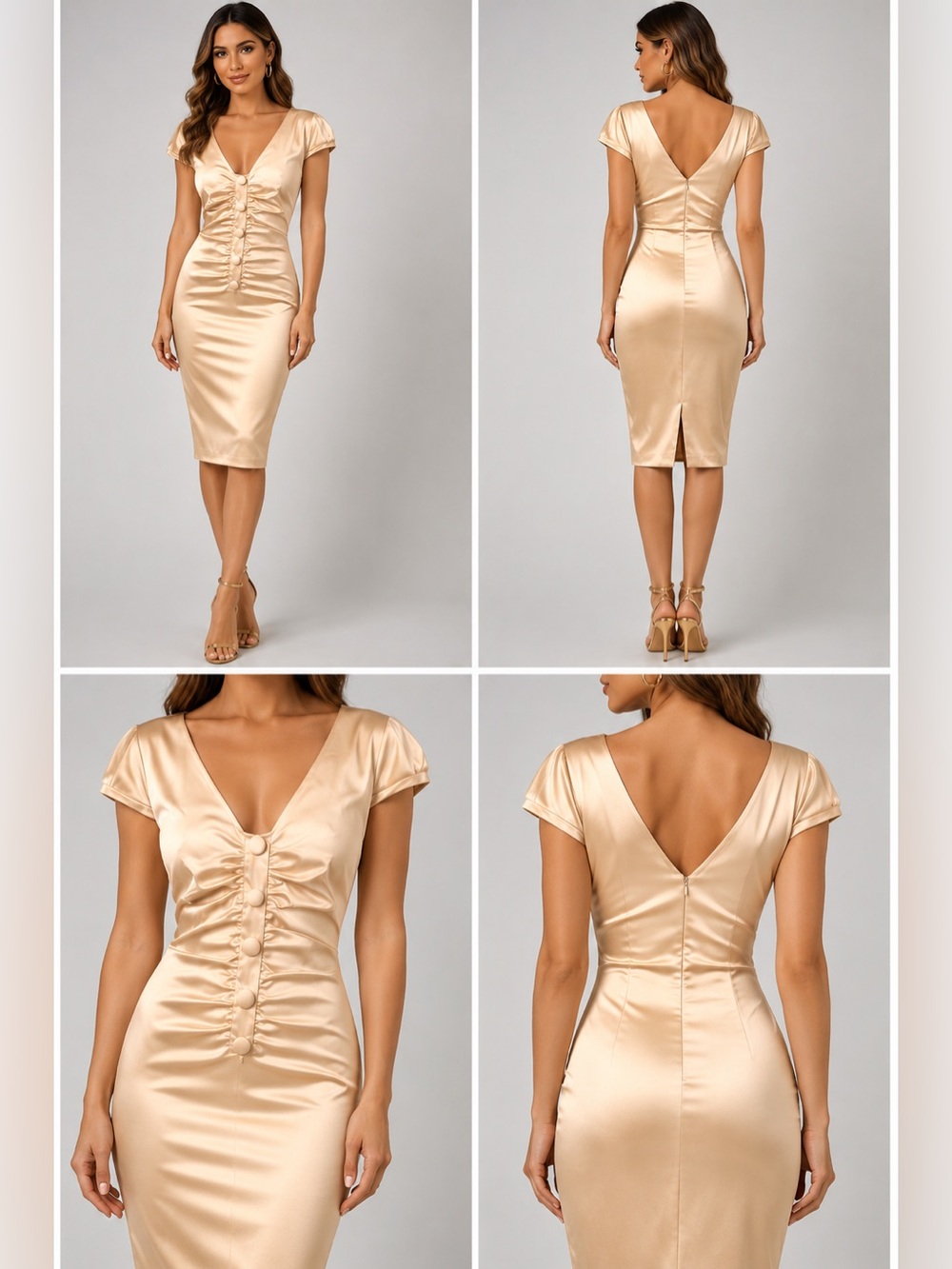 Ellen Tracy Champagne Satin Ruched Front V-Neck Cap Sleeve Sheath Dress